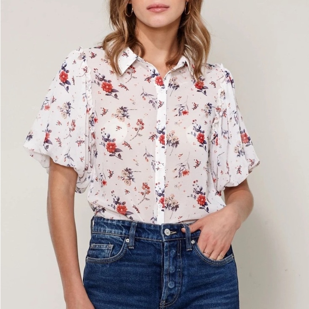 Anthropologie Puff Sleeve Floral Blouse - White and Red, Small